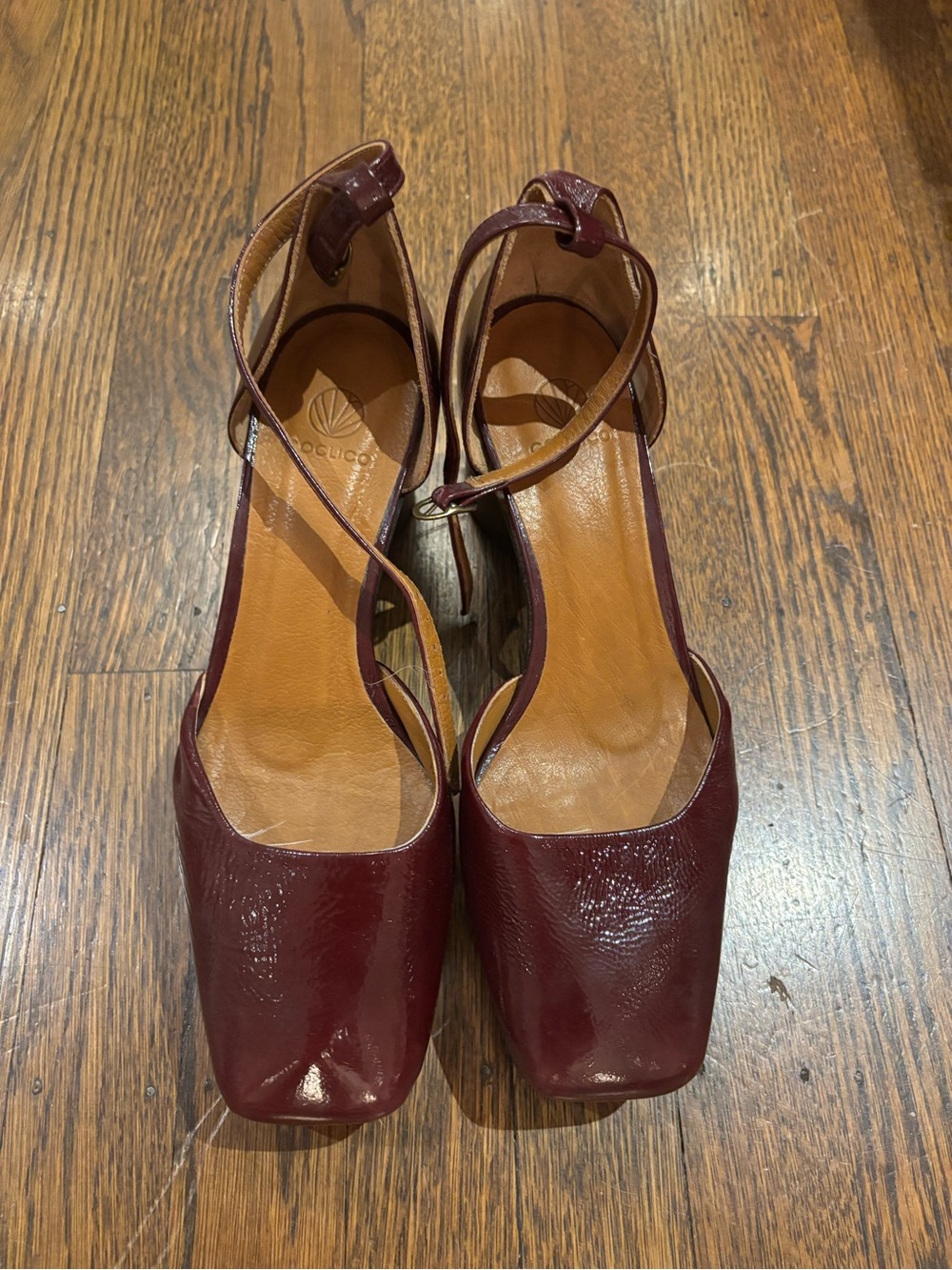 COCLICO Wine Burgundy Leather Square-Toe Platform Pumps with Ankle Strap